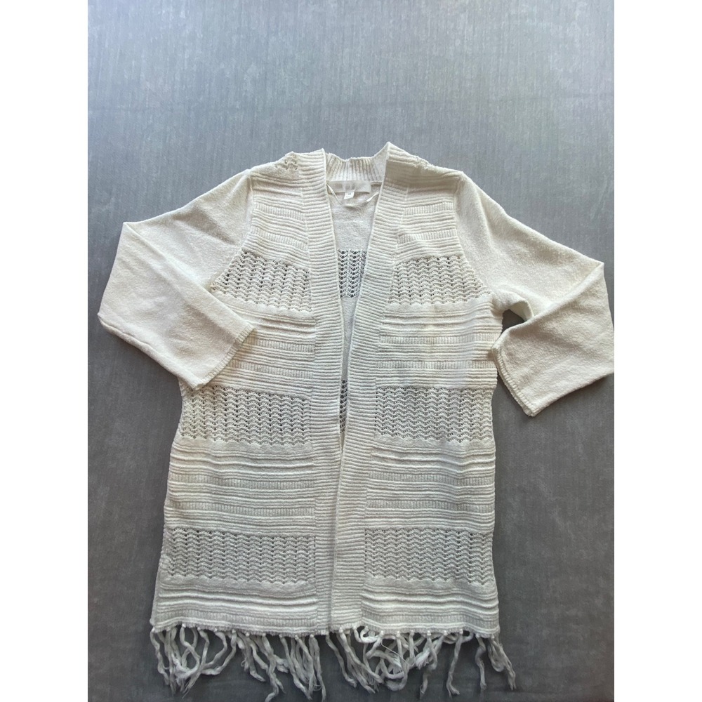 Adyson Parker Cream White Open Front Fringe Knit Cardigan Sweater XS Boho